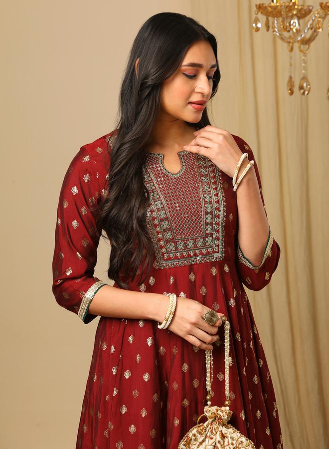 globus Women Maroon Gold Foil Print Anarkali Kurta and Elasticated Pants Set - Image 5